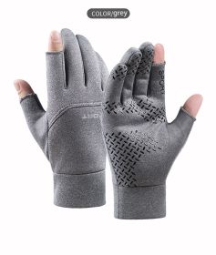 Winter Fishing Gloves Women Men Universal Keep Warm Fishing Protection Anti-slip Gloves 2 Cut Fingers Outdoor Angling (Color: Gray, size: XL)