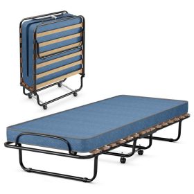 Portable Folding Bed with Memory Foam Mattress and Sturdy Metal Frame Made in Italy (Color: Navy)